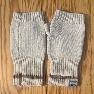 Knit Fingerless Gloves in Cream with Brown Stripe
